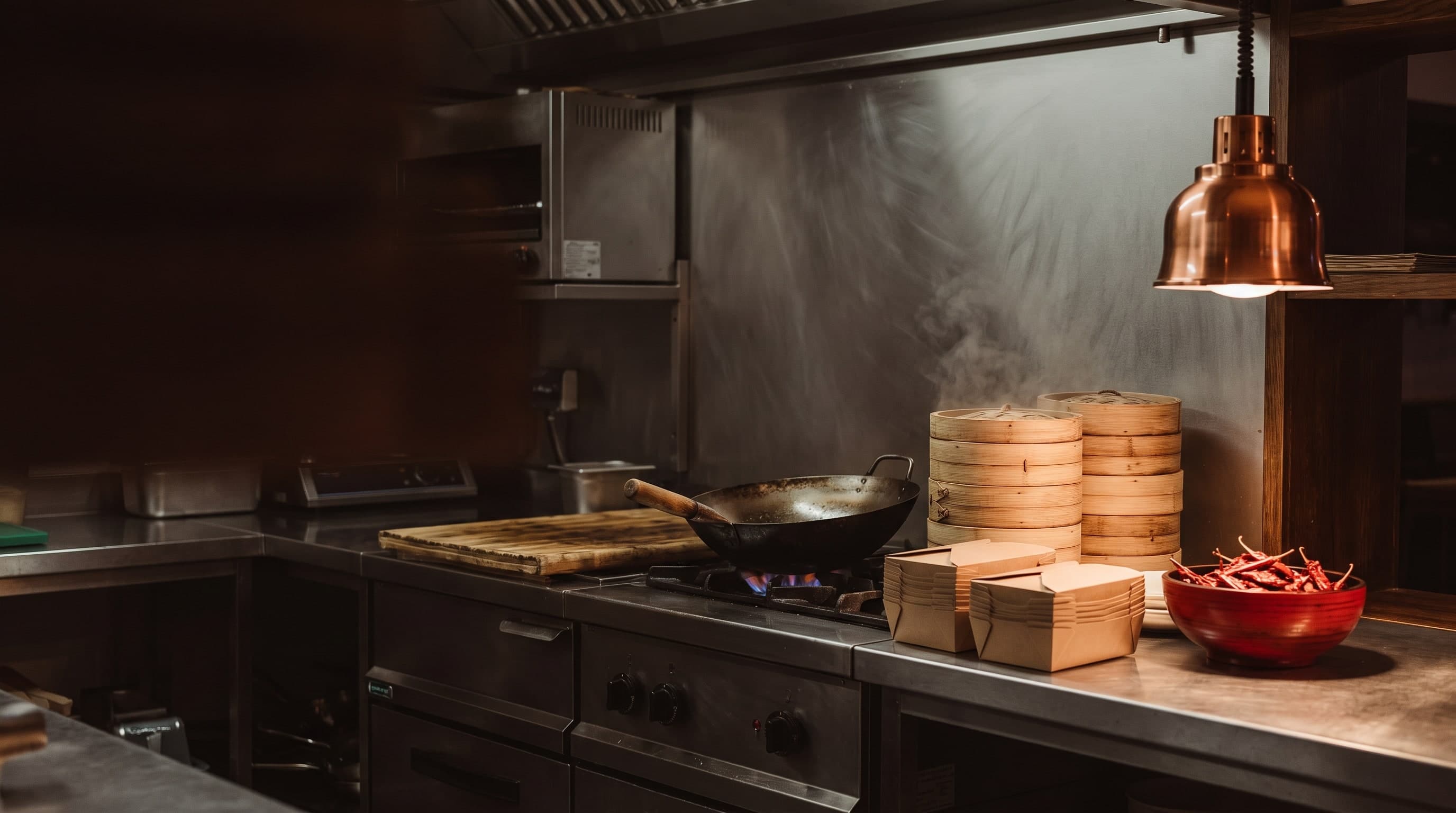 Kleine Edelstahlküche am Abend mit gestapelten Bambuskörben, Wok auf dem Herd und bereitstehenden Take-away-Boxen unter einer Kupferlampe